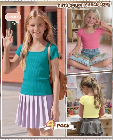 Oakgarden 4 Pack Girls Short Sleeve Shirts 5-14 Years Ribbed Square Neck Cap Sleeve Tops Slim Fit Multipack Basic Tees Summer in Kuwait