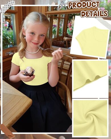 Oakgarden 4 Pack Girls Short Sleeve Shirts 5-14 Years Ribbed Square Neck Cap Sleeve Tops Slim Fit Multipack Basic Tees Summer in Kuwait