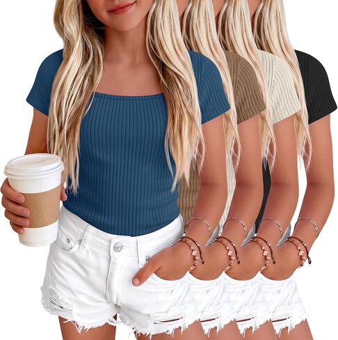 Oakgarden 4 Pack Girls Short Sleeve Shirts 5-14 Years Ribbed Square Neck Cap Sleeve Tops Slim Fit Multipack Basic Tees Summer in Kuwait