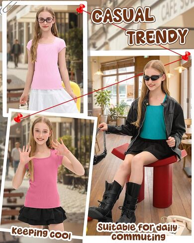 Oakgarden 4 Pack Girls Short Sleeve Shirts 5-14 Years Ribbed Square Neck Cap Sleeve Tops Slim Fit Multipack Basic Tees Summer in Kuwait
