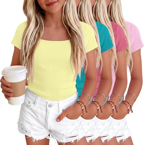 Oakgarden 4 Pack Girls Short Sleeve Shirts 5-14 Years Ribbed Square Neck Cap Sleeve Tops Slim Fit Multipack Basic Tees Summer in Kuwait