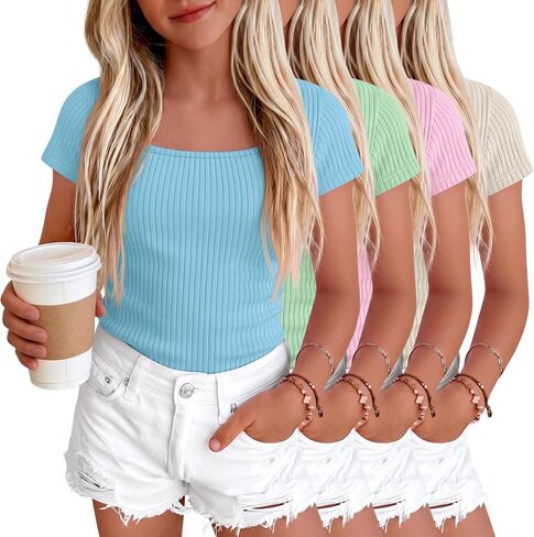 Oakgarden 4 Pack Girls Short Sleeve Shirts 5-14 Years Ribbed Square Neck Cap Sleeve Tops Slim Fit Multipack Basic Tees Summer in Kuwait