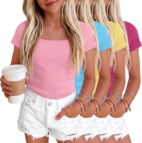 Oakgarden 4 Pack Girls Short Sleeve Shirts 5-14 Years Ribbed Square Neck Cap Sleeve Tops Slim Fit Multipack Basic Tees Summer in Kuwait