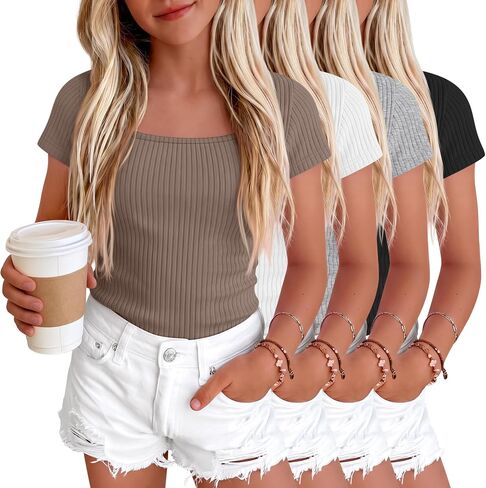 Oakgarden 4 Pack Girls Short Sleeve Shirts 5-14 Years Ribbed Square Neck Cap Sleeve Tops Slim Fit Multipack Basic Tees Summer in Kuwait