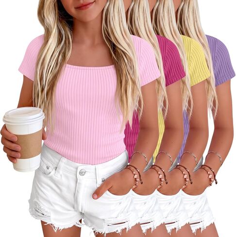 Oakgarden 4 Pack Girls Short Sleeve Shirts 5-14 Years Ribbed Square Neck Cap Sleeve Tops Slim Fit Multipack Basic Tees Summer in Kuwait