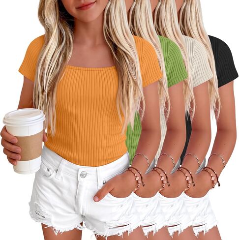 Oakgarden 4 Pack Girls Short Sleeve Shirts 5-14 Years Ribbed Square Neck Cap Sleeve Tops Slim Fit Multipack Basic Tees Summer in Kuwait