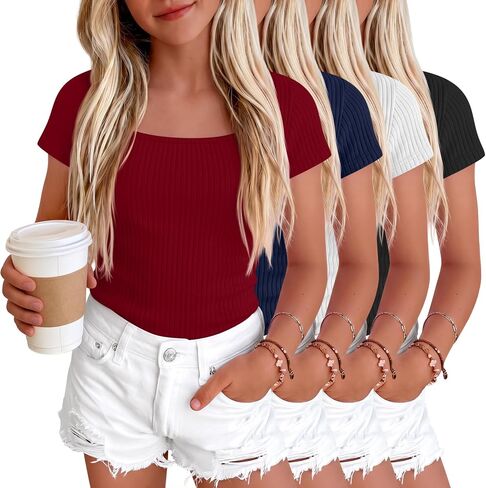 Oakgarden 4 Pack Girls Short Sleeve Shirts 5-14 Years Ribbed Square Neck Cap Sleeve Tops Slim Fit Multipack Basic Tees Summer in Kuwait