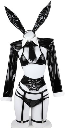 Reverse Bunny Girl Cosplay Costume for Women Glossy Black Anime Inspired Lingerie Set with Bunny Ears High Cut Bodysuit and Strap Detail Roleplay Outfit One Size S-M in Kuwait