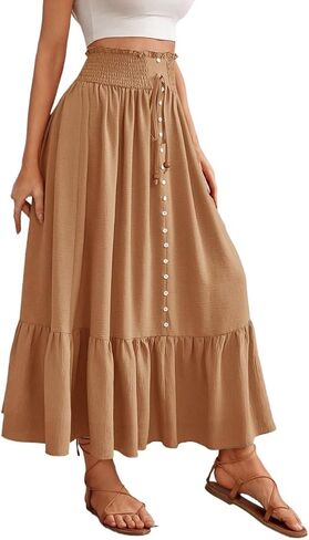 Women's Long Skirts Button Ruffled Hem Belted Casual Long Skirt For Summer A-Line High Waist Club Skirt in Kuwait
