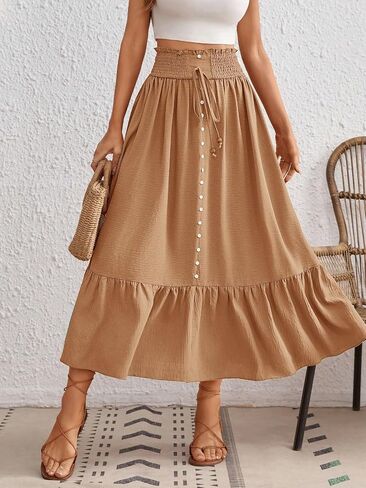 Women's Long Skirts Button Ruffled Hem Belted Casual Long Skirt For Summer A-Line High Waist Club Skirt in Kuwait