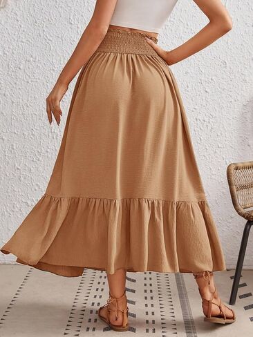 Women's Long Skirts Button Ruffled Hem Belted Casual Long Skirt For Summer A-Line High Waist Club Skirt in Kuwait