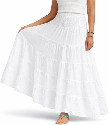 Maxi Cotton Skirts with Smocked Waistband * Tiered Solid Plain Colors * Soft & Comfortable * L in Saudi Arabia