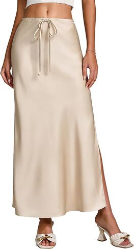 Women's Satin Silk Maxi Skirts Slit Drawstring Flared Casual A-Line Long Skirt for Women Ankle-Length Skirt in Saudi Arabia