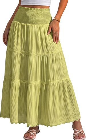 DERAX Womens Boho Flowy Maxi Skirt Summer Elastic High Waisted Skirts Lace Hem Casual Vacation Beach 2026 Long Skirts in Saudi Arabia