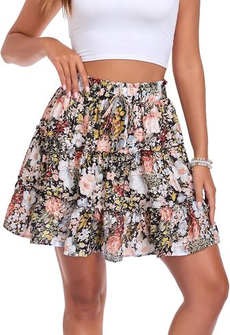 Women's Summer Boho Flowy Short Skirt, High Waist Tie Ruffle Cute Beach Knee Length Skirts with Shorts Underneath in Saudi Arabia