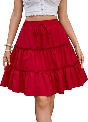 BARASA Women's Casual Skirt 2026 Summer Ruffle A Line Tie Waist Flowy Bohe Solid Vacation Mini Skirts D685 in Saudi Arabia