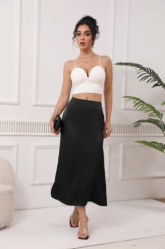 Womens Summer Long Satin Silk Skirt Elastic High Waist A Line Skirts Cocktail Party Wedding Midi Skirts in Saudi Arabia