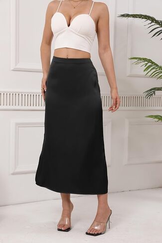 Womens Summer Long Satin Silk Skirt Elastic High Waist A Line Skirts Cocktail Party Wedding Midi Skirts in Saudi Arabia