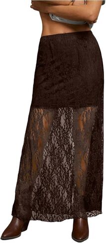 GORGLITTER Women's Y2k Lace Long Skirt Sexy Mesh Sheer See Through Bodycon Maxi Skirts Vacation Festival Concert Outfits in Kuwait