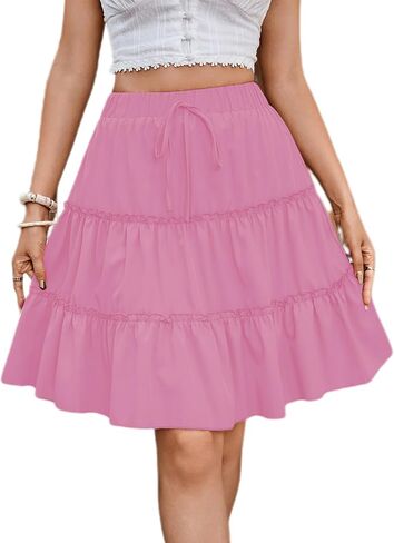 BARASA Women's Casual Skirt 2026 Summer Ruffle A Line Tie Waist Flowy Bohe Solid Vacation Mini Skirts D685 in Saudi Arabia