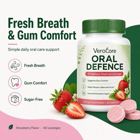 VeroCore Oral Defense، البروبيوتيك عن طريق الفم لرائحة الفم الكريهة، إصلاح اللثة لانحسار اللثة، نفس منعش وشعور نظيف، راحة اللثة ودعم النظافة اليومية، نكهة الفراولة، 60 قطعة in Kuwait