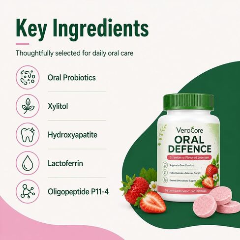 VeroCore Oral Defense، البروبيوتيك عن طريق الفم لرائحة الفم الكريهة، إصلاح اللثة لانحسار اللثة، نفس منعش وشعور نظيف، راحة اللثة ودعم النظافة اليومية، نكهة الفراولة، 60 قطعة in Kuwait