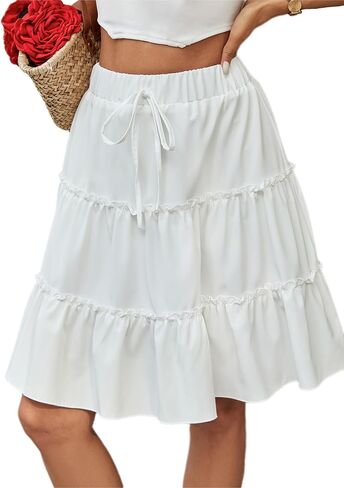 BARASA Women's Casual Skirt 2026 Summer Ruffle A Line Tie Waist Flowy Bohe Solid Vacation Mini Skirts D685 in Saudi Arabia