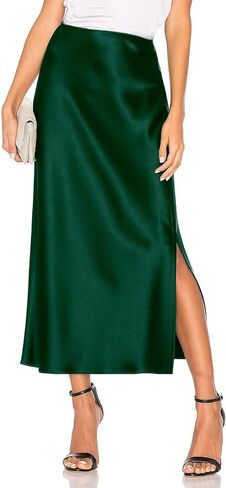 Womens Summer Long Satin Silk Skirt Elastic High Waist A Line Skirts Cocktail Party Wedding Midi Skirts in Saudi Arabia