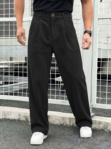 Mens Corduroy Dress Pants Casual Baggy Wide Leg Old Money Baggy Vintage Loose Fit Trouser in Kuwait