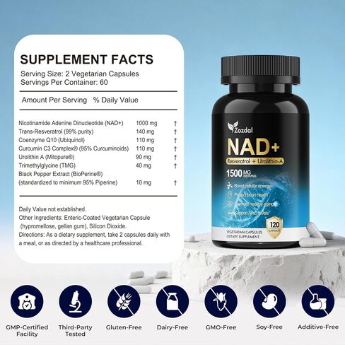 NAD+ Supplement 1500mg - 7-in-1 Liposomal Formula with Urolithin A, CoQ10 & Resveratrol - Cellular Energy, Muscle Health & Healthy Aging Support for Women & Men- 120 Capsules in Saudi Arabia