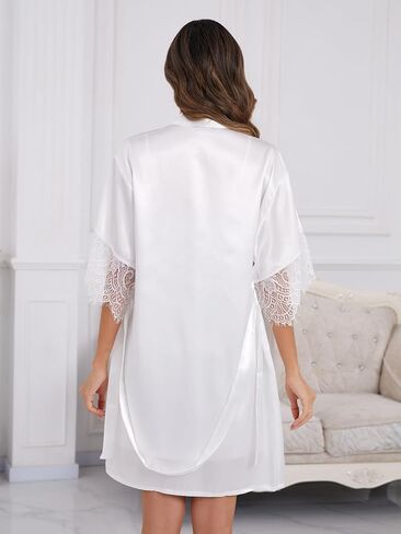 Moreone Women's 2 Piece Pajamas Silk Robe Set with Nightgown Sexy Satin Lingerie Luxury Lace Trim Night Sleepwear in Saudi Arabia