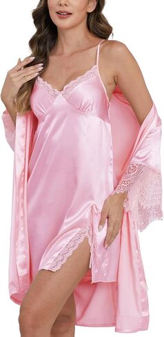 Moreone Women's 2 Piece Pajamas Silk Robe Set with Nightgown Sexy Satin Lingerie Luxury Lace Trim Night Sleepwear in Saudi Arabia