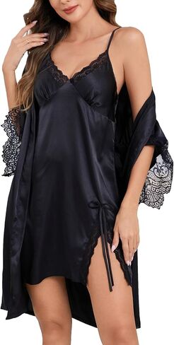 Moreone Women's 2 Piece Pajamas Silk Robe Set with Nightgown Sexy Satin Lingerie Luxury Lace Trim Night Sleepwear in Saudi Arabia
