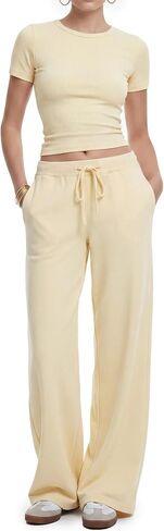 Women's 2 Piece Set Soft Lounge Sets Short Sleeve Slim Tops and High Waisted Wide Leg Pants Outfits with Pockets in Saudi Arabia