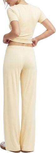 Women's 2 Piece Set Soft Lounge Sets Short Sleeve Slim Tops and High Waisted Wide Leg Pants Outfits with Pockets in Saudi Arabia
