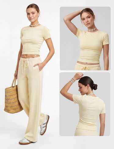 Women's 2 Piece Set Soft Lounge Sets Short Sleeve Slim Tops and High Waisted Wide Leg Pants Outfits with Pockets in Saudi Arabia