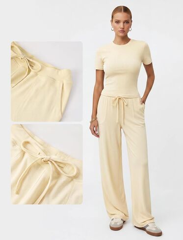 Women's 2 Piece Set Soft Lounge Sets Short Sleeve Slim Tops and High Waisted Wide Leg Pants Outfits with Pockets in Saudi Arabia