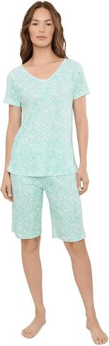 Karen Neuburger Women's Short Sleeve Henley Top and Bermuda Short Set With Picot Trim in Kuwait