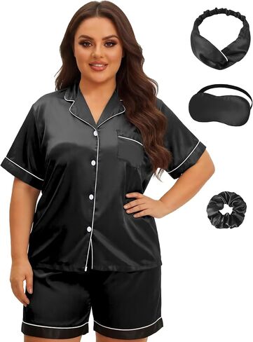 DOLOS 5-Pcs Short Sleeve Plus Size Pajamas for Women Set Silk Satin Pajamas | Button Down Plus Size XL-5XL Silky Pjs Set with Pocket Including Eye Masks, Hair Ties and Scrunchie Sleepwear Lounge Set in Saudi Arabia