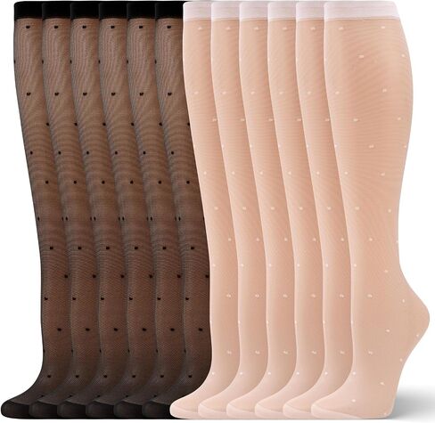 6 Pairs Women's Sheer Knee High Stockings, Black White Dot Sheer Thin Socks, Stretchy Breathable Knees High-Socks for Summer Party Summer Gift in Saudi Arabia