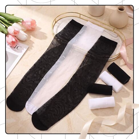 6 Pairs Women's Sheer Knee High Stockings, Black White Dot Sheer Thin Socks, Stretchy Breathable Knees High-Socks for Summer Party Summer Gift in Saudi Arabia