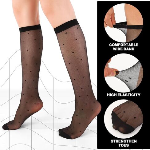 6 Pairs Women's Sheer Knee High Stockings, Black White Dot Sheer Thin Socks, Stretchy Breathable Knees High-Socks for Summer Party Summer Gift in Saudi Arabia