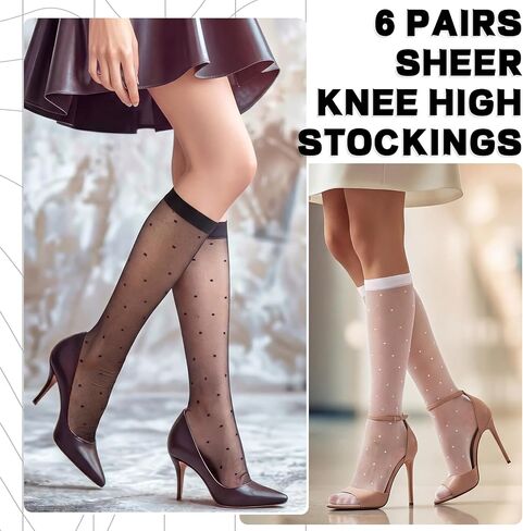 6 Pairs Women's Sheer Knee High Stockings, Black White Dot Sheer Thin Socks, Stretchy Breathable Knees High-Socks for Summer Party Summer Gift in Saudi Arabia