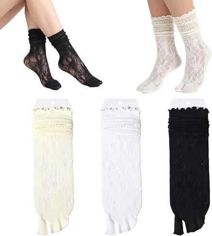 3 Pairs Lace Split Toe Socks, Japanese Tabi Socks for Women, Knee-High Flip Flops Mesh Novelty Slouch Sock for Daily Wear, Slip-Resistant Breathable in Saudi Arabia