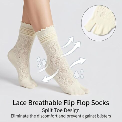 3 Pairs Lace Split Toe Socks, Japanese Tabi Socks for Women, Knee-High Flip Flops Mesh Novelty Slouch Sock for Daily Wear, Slip-Resistant Breathable in Saudi Arabia