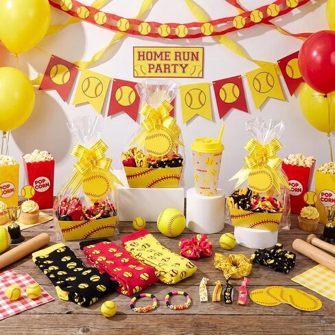 108 Pcs (12 Sets) Softball Team Gifts Party Favors Include Softball Socks, Gift Baskets Plastic Cups with Lids Straws Bracelets Hair Scrunchies Hair Ties Name Tags Yellow Ribbon Bows Clear Basket Bags in Saudi Arabia