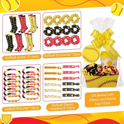 108 Pcs (12 Sets) Softball Team Gifts Party Favors Include Softball Socks, Gift Baskets Plastic Cups with Lids Straws Bracelets Hair Scrunchies Hair Ties Name Tags Yellow Ribbon Bows Clear Basket Bags in Saudi Arabia