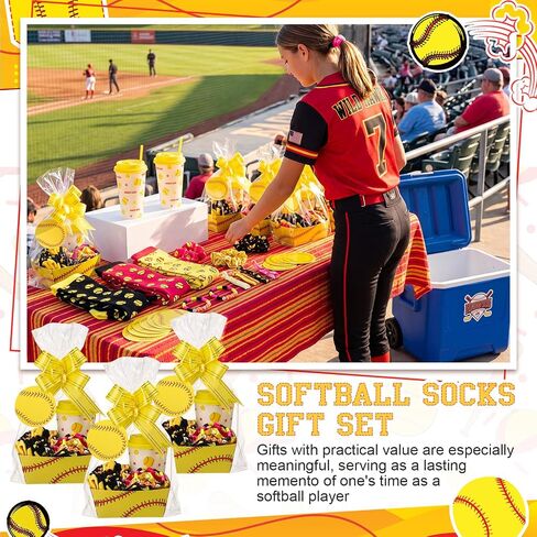 108 Pcs (12 Sets) Softball Team Gifts Party Favors Include Softball Socks, Gift Baskets Plastic Cups with Lids Straws Bracelets Hair Scrunchies Hair Ties Name Tags Yellow Ribbon Bows Clear Basket Bags in Saudi Arabia