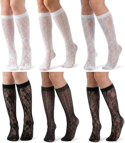 6 Pairs Lace Knee High Socks, Knee High Lace Socks for Women Fishnet Hollow, Breathable Nylon Mesh Lace Socks for Casual Outfits(Black White) in Kuwait