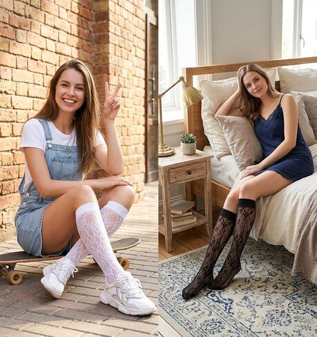 6 Pairs Lace Knee High Socks, Knee High Lace Socks for Women Fishnet Hollow, Breathable Nylon Mesh Lace Socks for Casual Outfits(Black White) in Kuwait